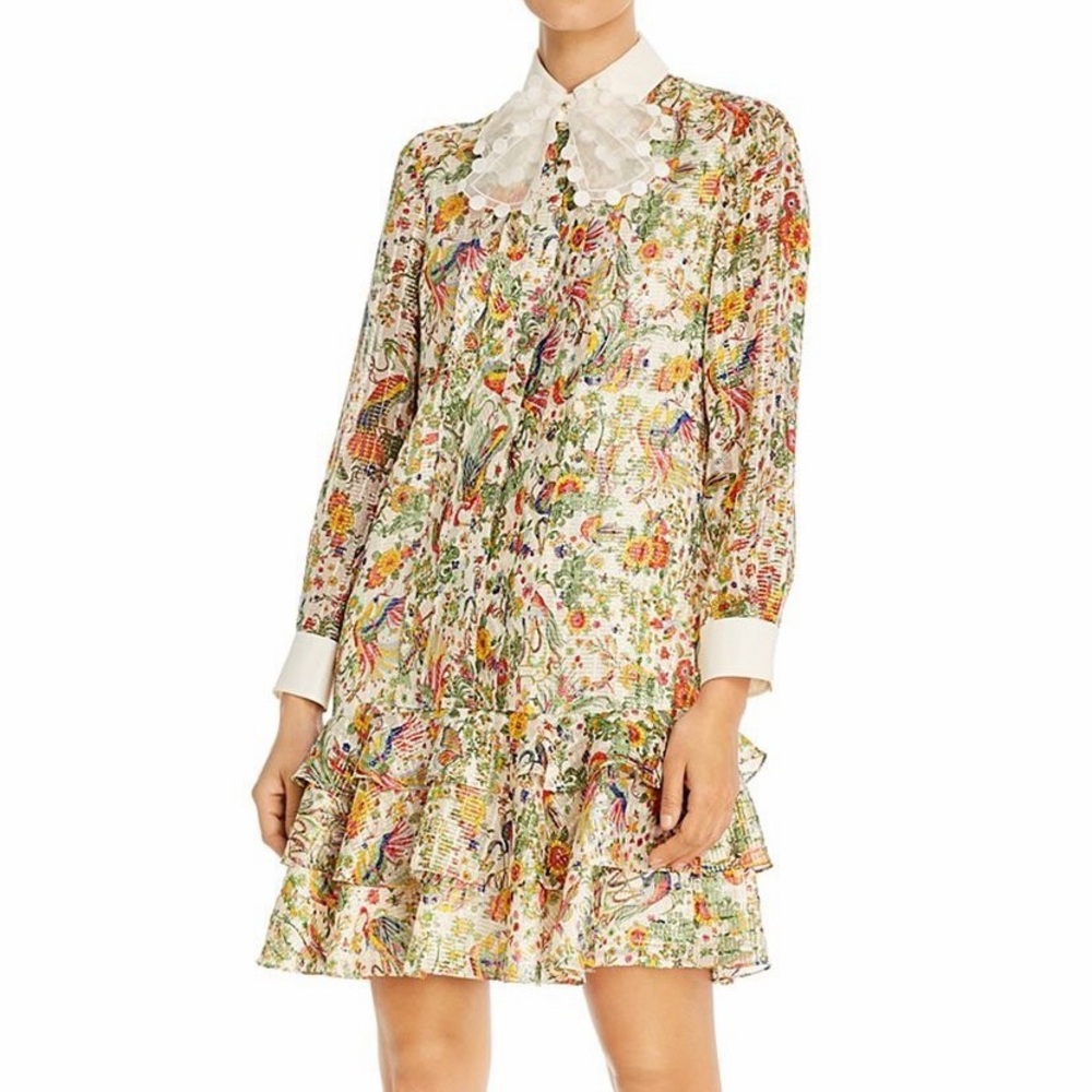 Tory Burch Promised Land Bird Peacock Floral Print Mini Dress Metallic Silk 2
